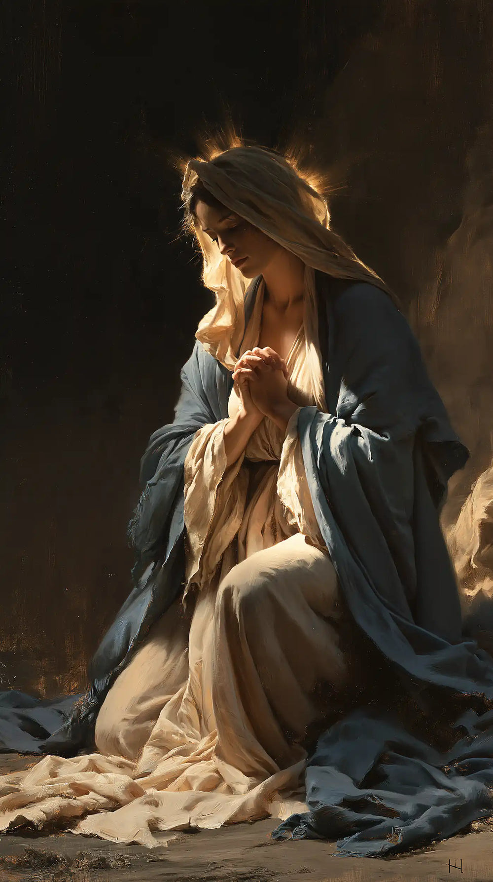 the Virgin Mary illuminated during prayer in Mary in Divine Light style, portrait Christian artwork no. 17
