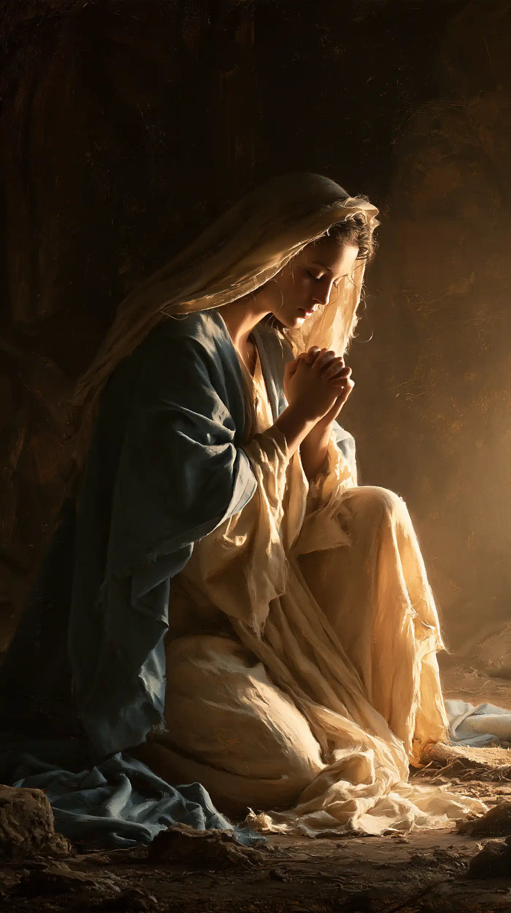 the Virgin Mary illuminated during prayer in Mary in Divine Light style, portrait Christian artwork no. 18