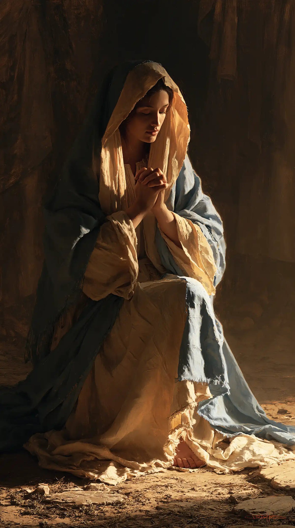 Virgin Mary in Prayer — The Face beneath the Veil’s Amber Arch