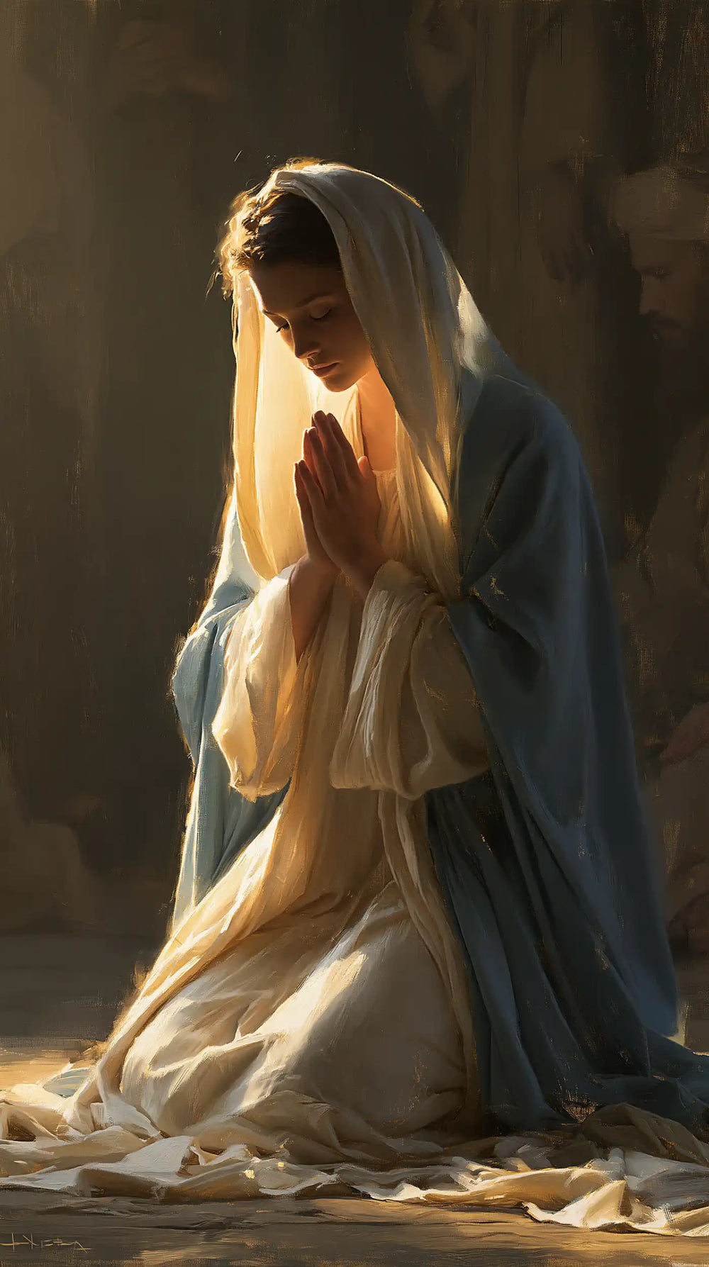the Virgin Mary illuminated during prayer in Mary in Divine Light style, portrait Christian artwork no. 27