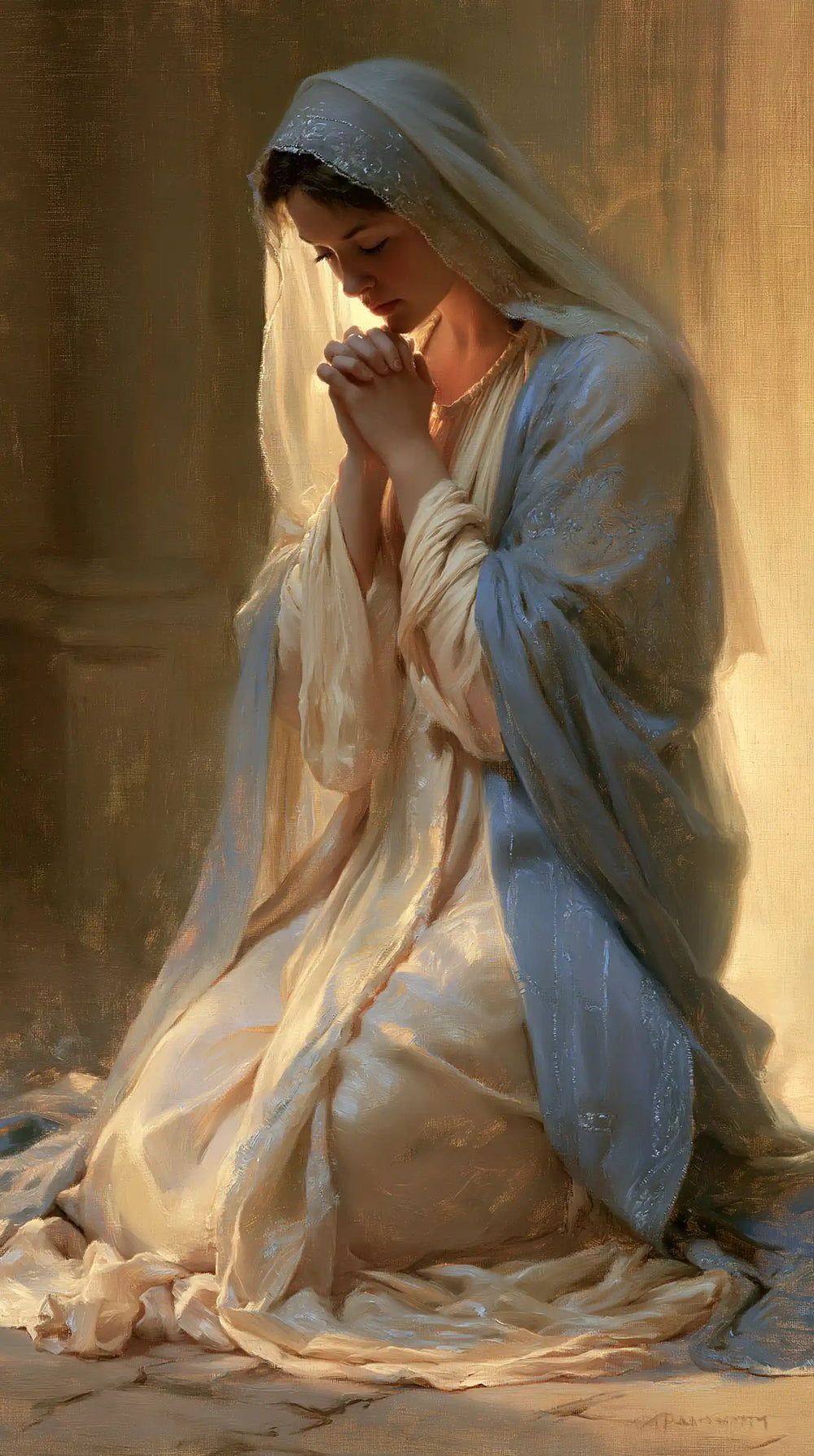 the Virgin Mary illuminated during prayer in Mary in Divine Light style, portrait Christian artwork no. 36