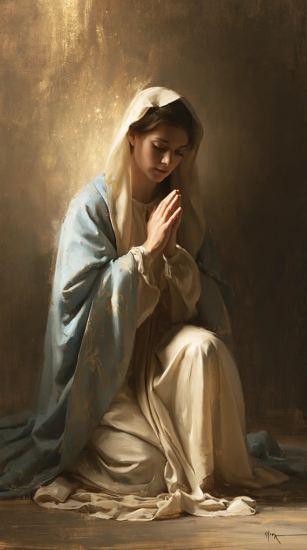 the Virgin Mary illuminated during prayer in Mary in Divine Light style, portrait Christian artwork no. 37