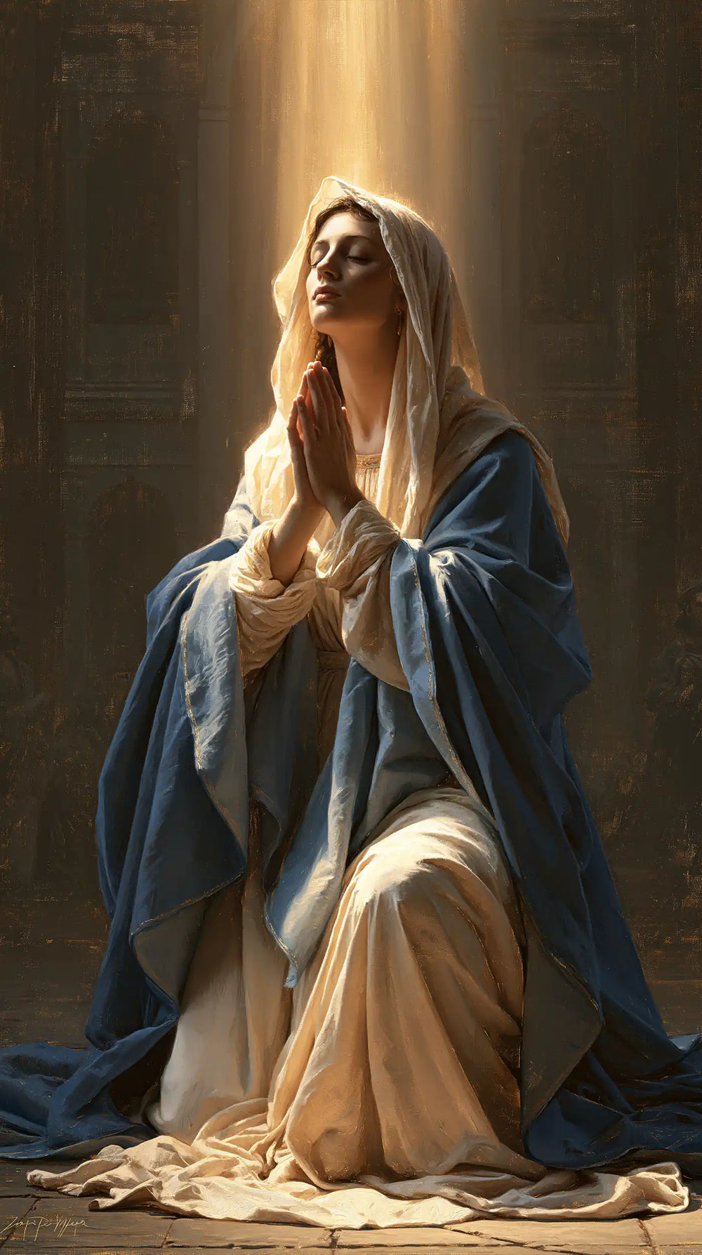 the Virgin Mary illuminated during prayer in Mary in Divine Light style, portrait Christian artwork no. 40