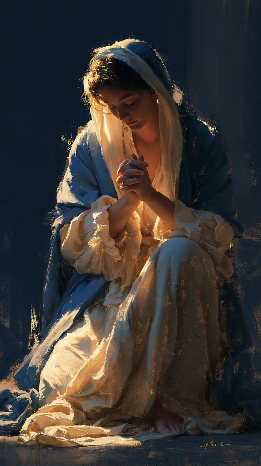 Virgin Mary in Prayer - Midnight Blue Chiaroscuro · Portrait n° 1