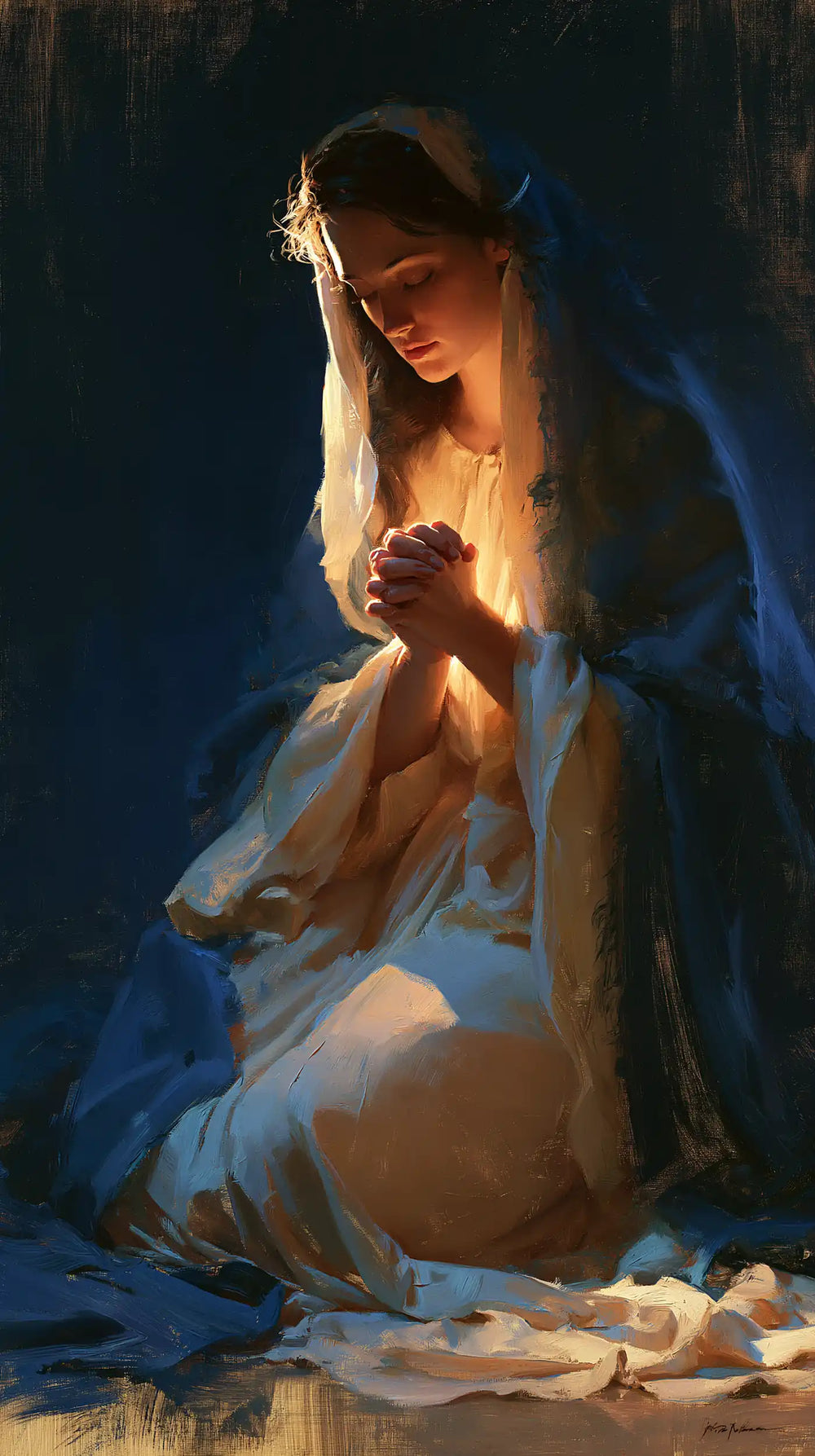the Virgin Mary in prayer in Midnight Blue Chiaroscuro style, portrait Christian artwork no. 2