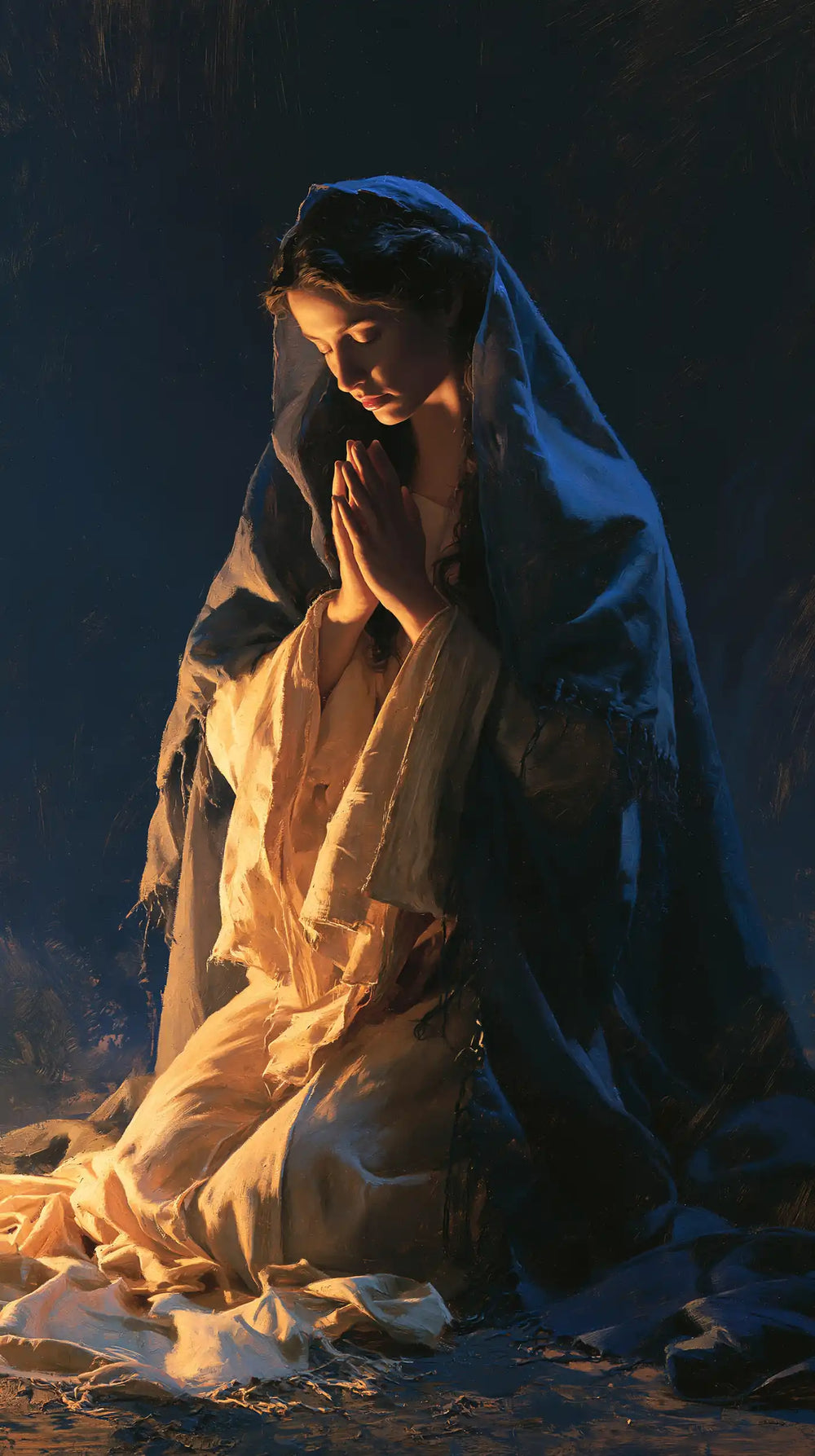 the Virgin Mary in prayer in Midnight Blue Chiaroscuro style, portrait Christian artwork no. 8