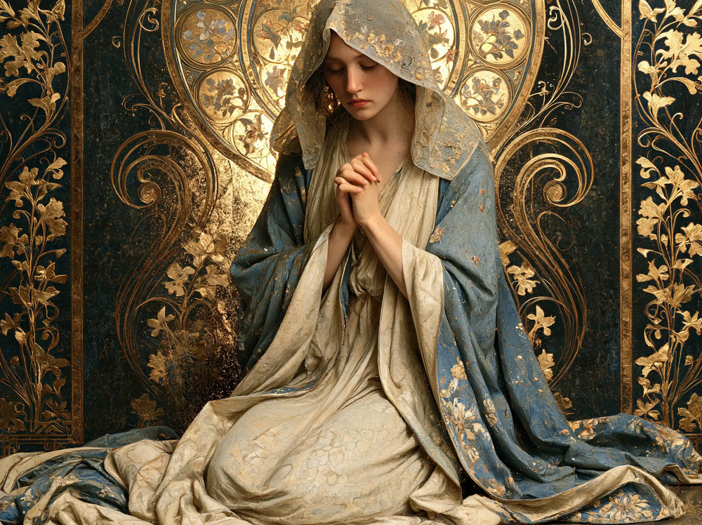the Virgin Mary in prayer in Sacred Art Nouveau style, landscape Christian artwork no. 3