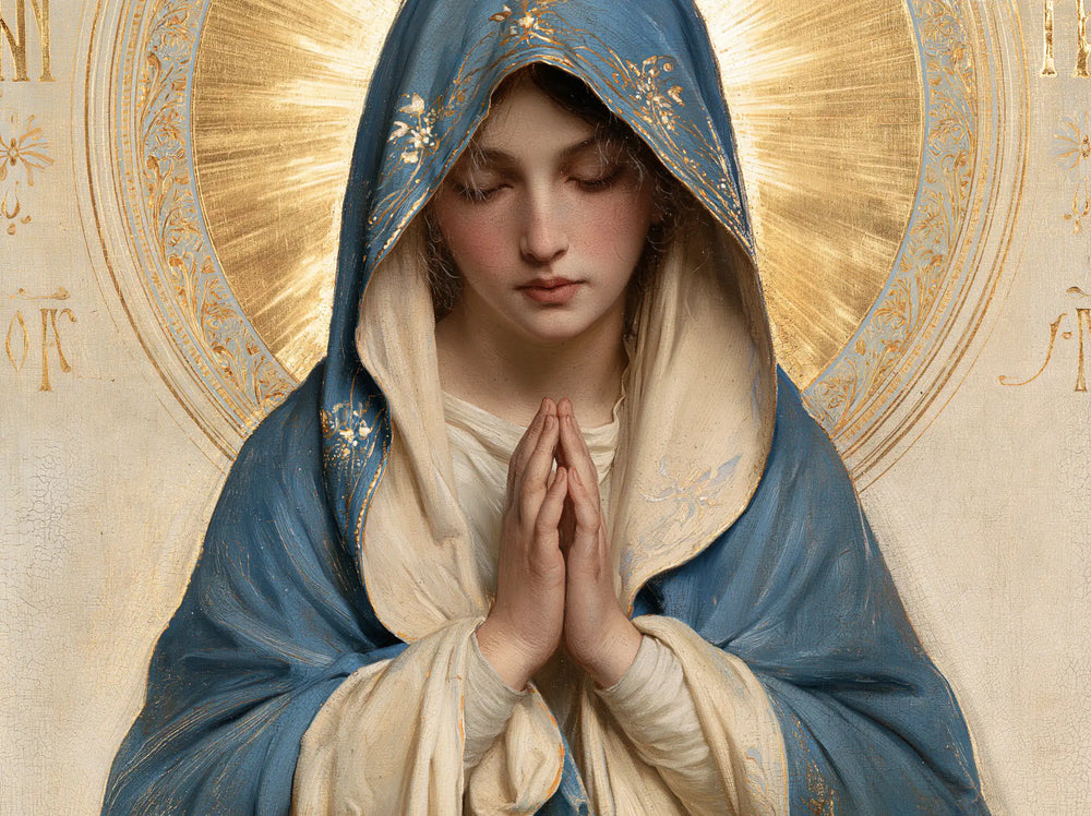 the Virgin Mary in prayer in Sacred Art Nouveau style, landscape Christian artwork no. 5