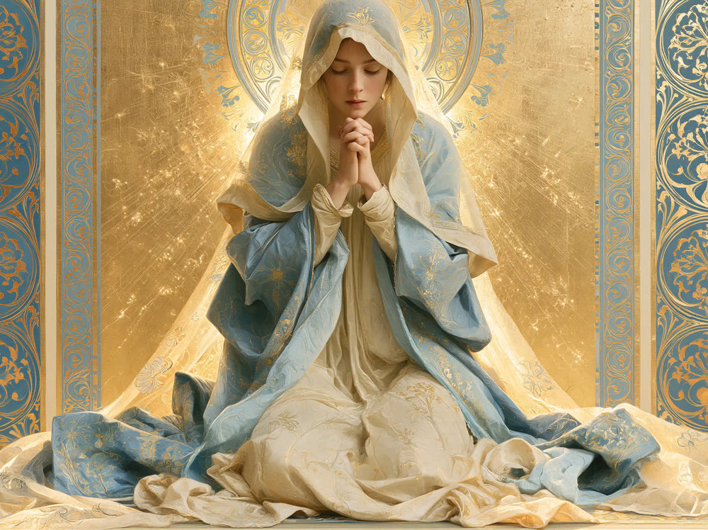 the Virgin Mary in prayer in Sacred Art Nouveau style, landscape Christian artwork no. 6