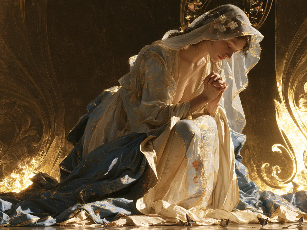 the Virgin Mary in prayer in Sacred Art Nouveau style, landscape Christian artwork no. 7
