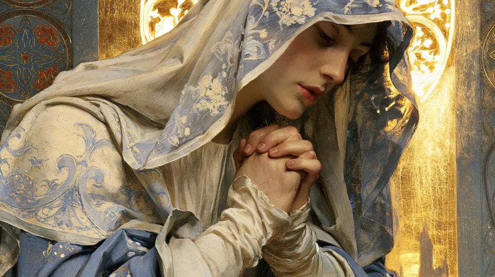 the Virgin Mary in prayer in Sacred Art Nouveau style, landscape Christian artwork no. 10