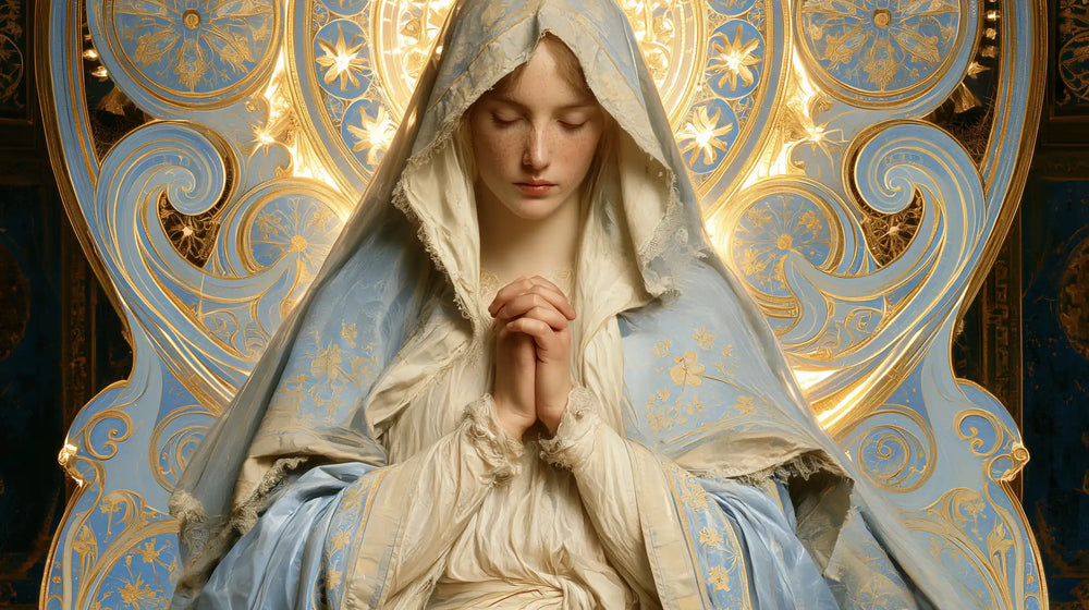 the Virgin Mary in prayer in Sacred Art Nouveau style, landscape Christian artwork no. 13