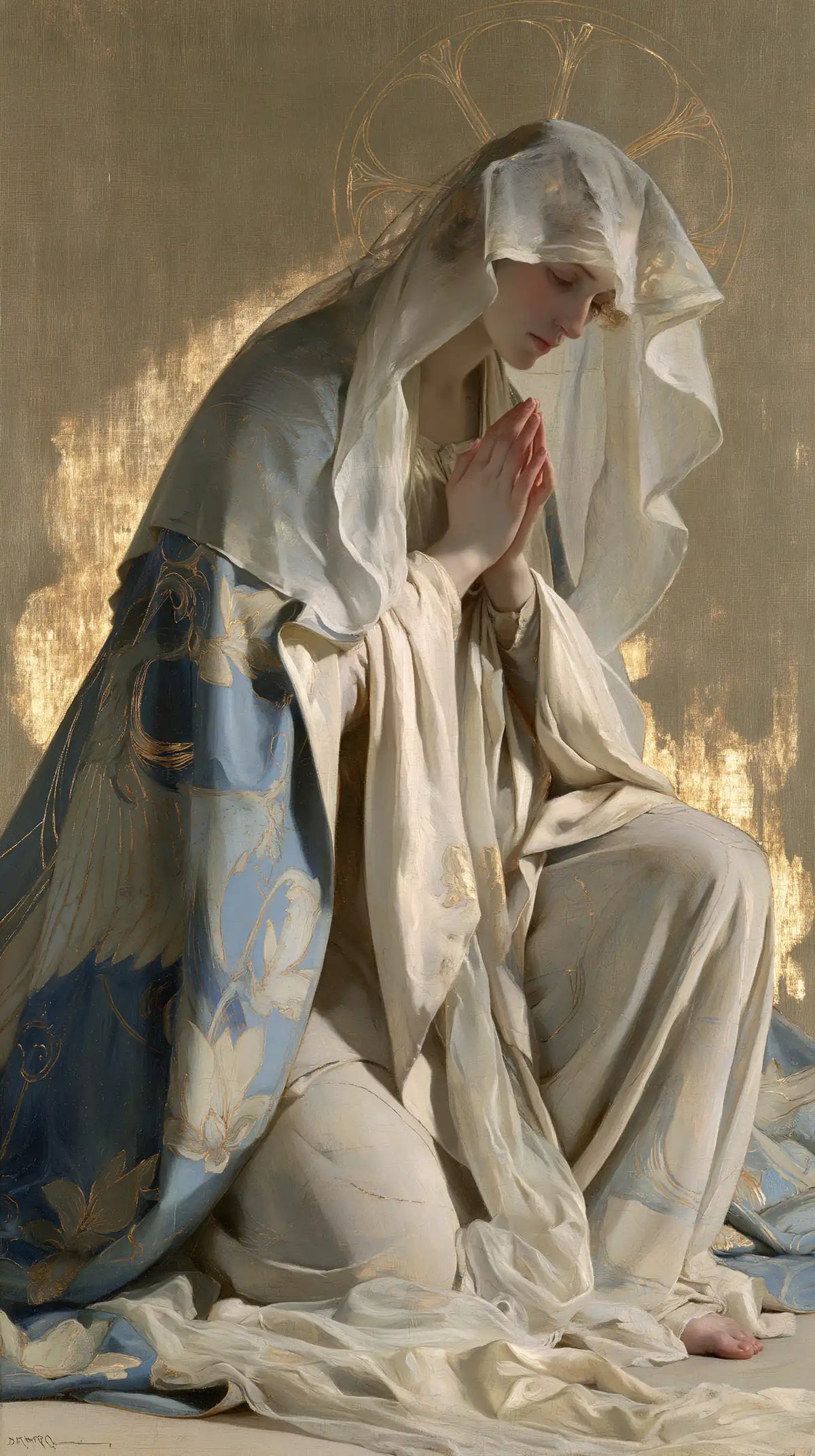 the Virgin Mary in prayer in Sacred Art Nouveau style, portrait Christian artwork no. 1