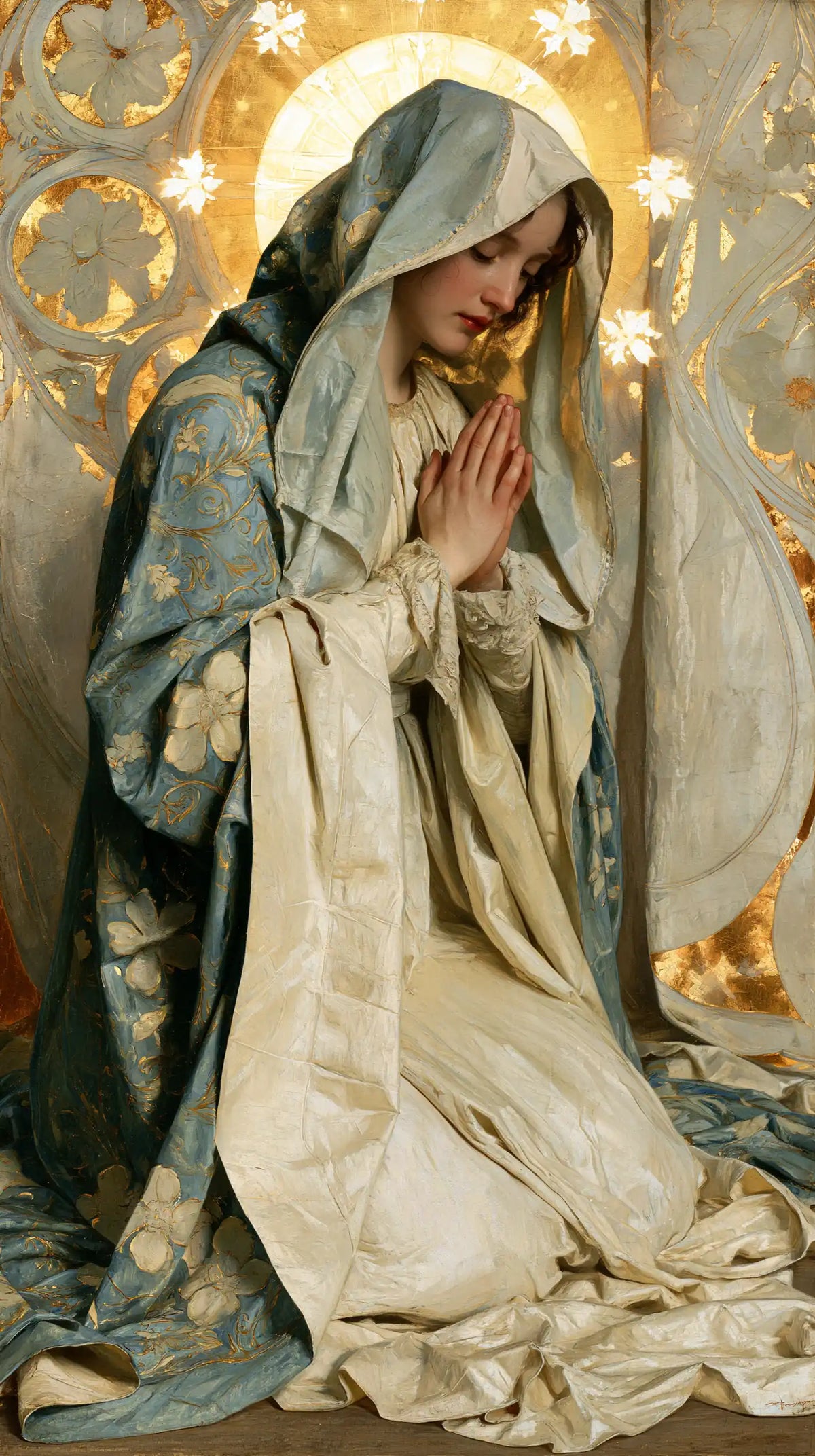 the Virgin Mary in prayer in Sacred Art Nouveau style, portrait Christian artwork no. 15