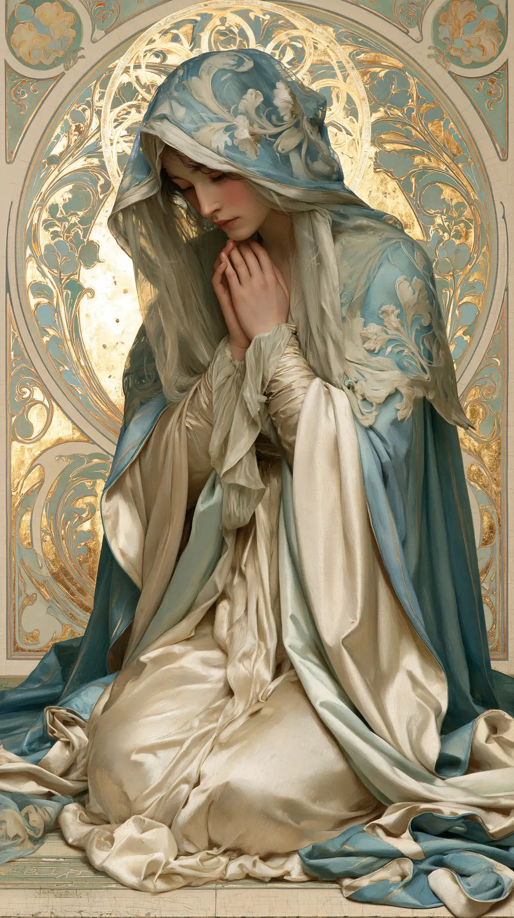 the Virgin Mary in prayer in Sacred Art Nouveau style, portrait Christian artwork no. 20