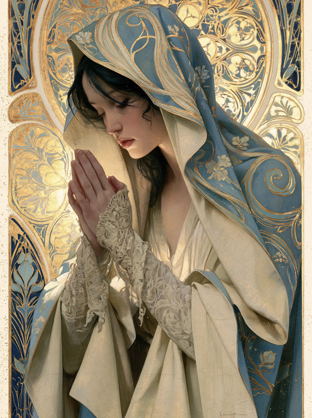 the Virgin Mary in prayer in Sacred Art Nouveau style, portrait Christian artwork no. 30