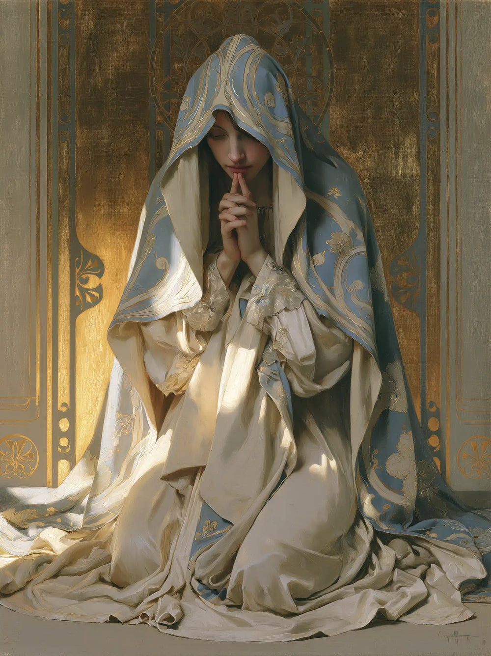 the Virgin Mary in prayer in Sacred Art Nouveau style, portrait Christian artwork no. 35