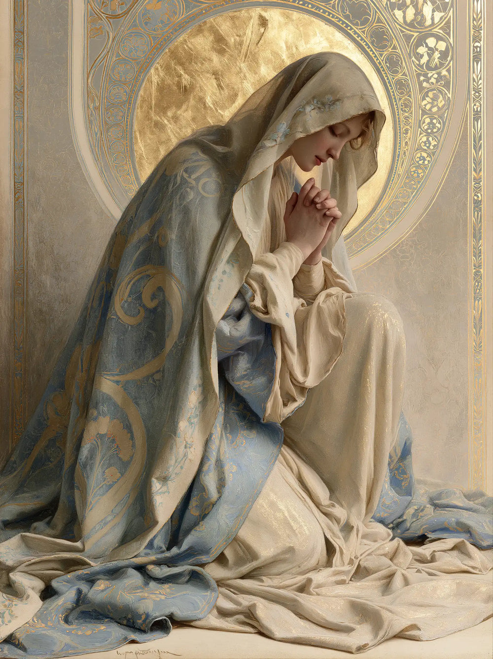 the Virgin Mary in prayer in Sacred Art Nouveau style, portrait Christian artwork no. 37