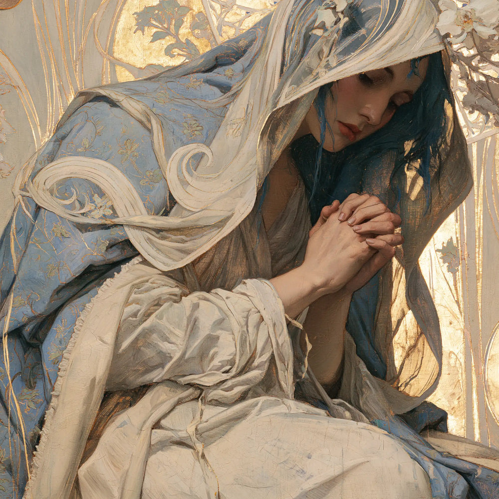 the Virgin Mary in prayer in Sacred Art Nouveau style, square Christian artwork no. 1