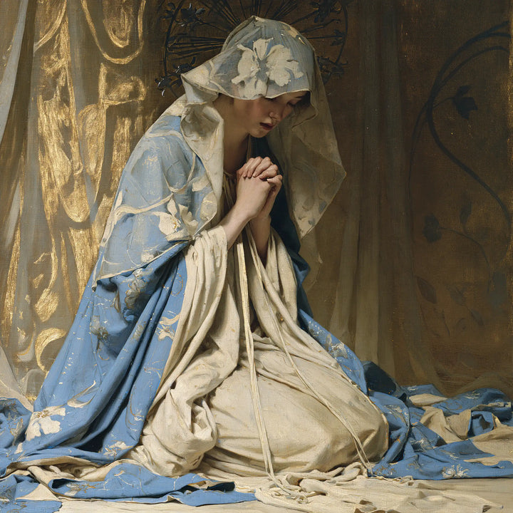 Virgin Mary in Prayer — Pale Flowers upon the Hood