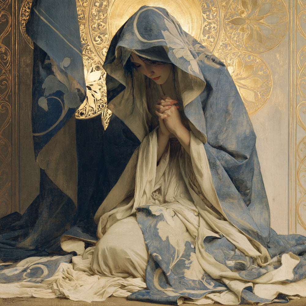 the Virgin Mary in prayer in Sacred Art Nouveau style, square Christian artwork no. 5