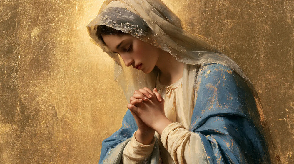 the Virgin Mary in prayer in Sacred Gold style, landscape Christian artwork no. 20