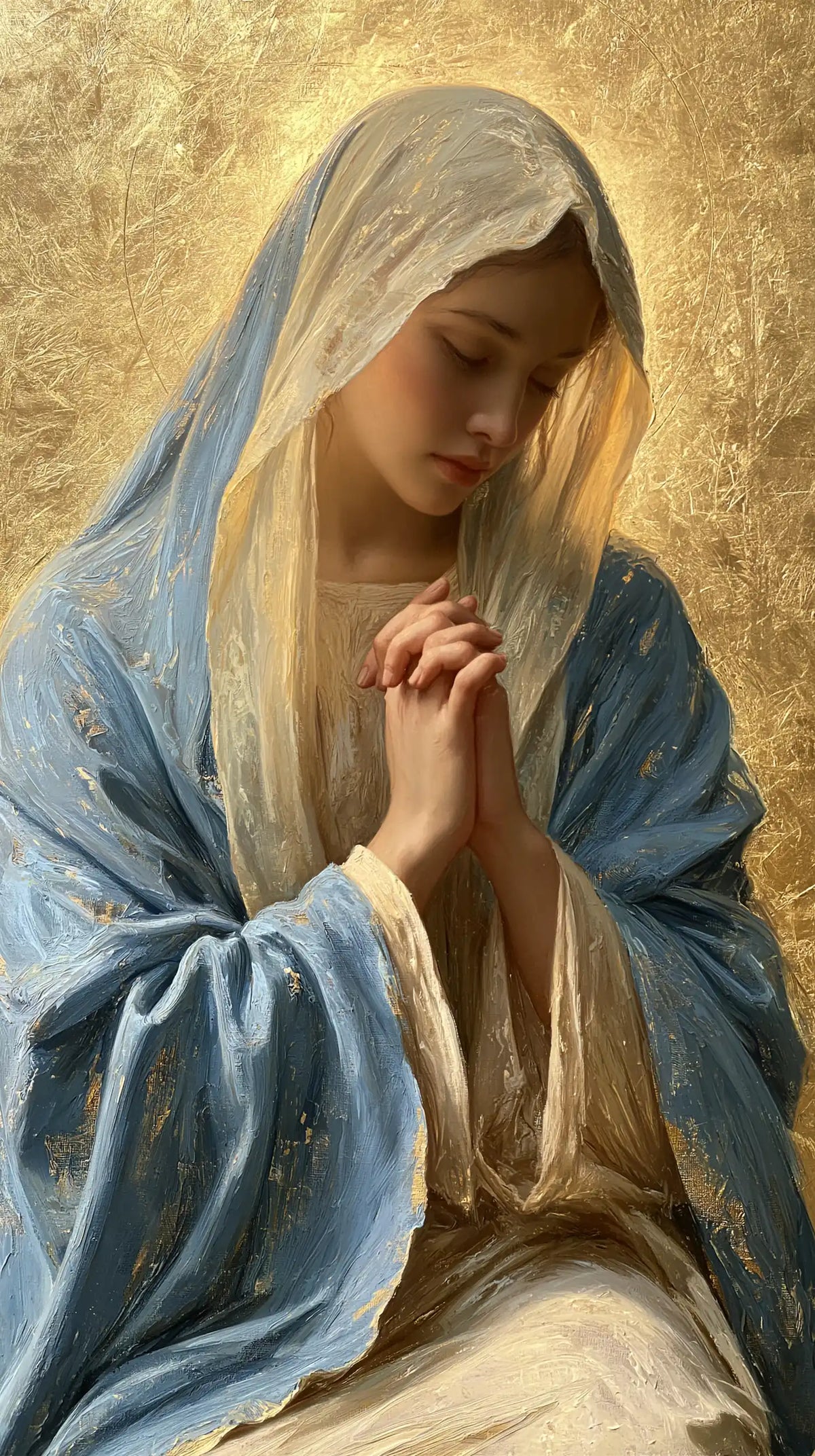 Virgin Mary in Prayer — The Veil of Tenderness upon Gold