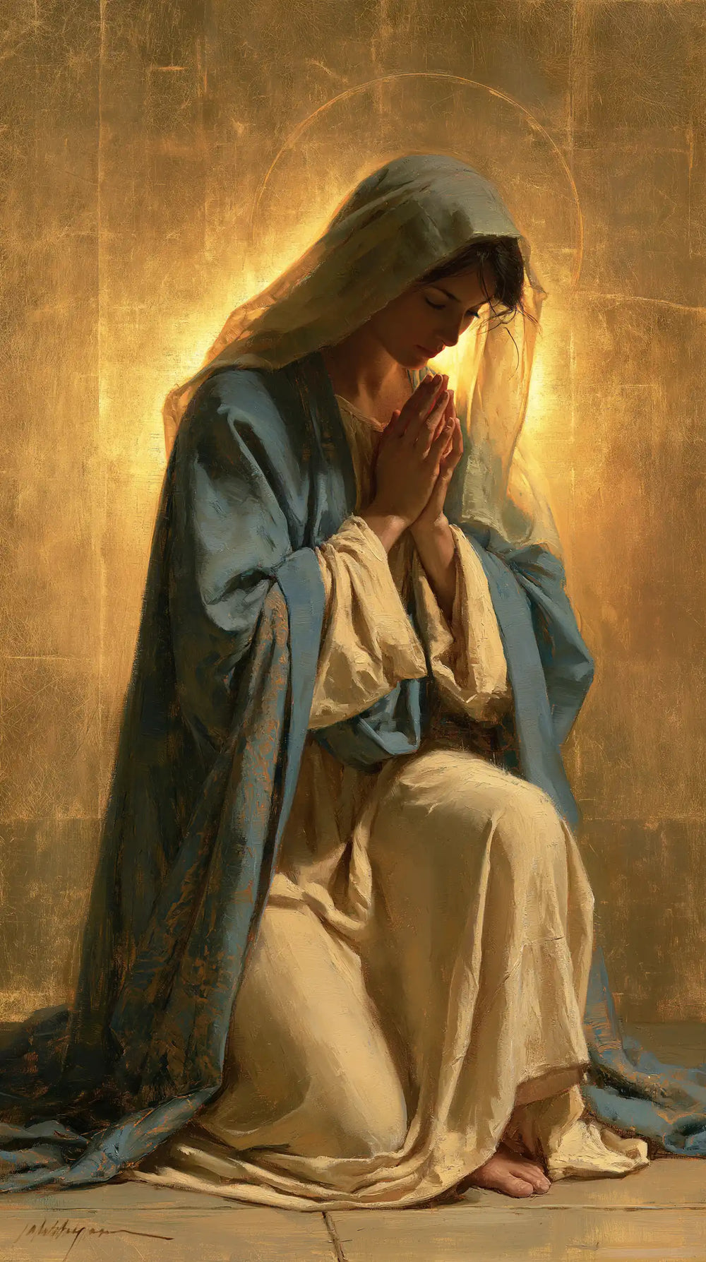 the Virgin Mary in prayer in Sacred Gold style, portrait Christian artwork no. 15