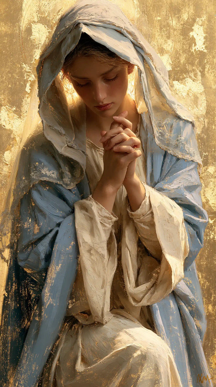 Virgin Mary in Prayer — The Veil with Gold-Leaf Reflections