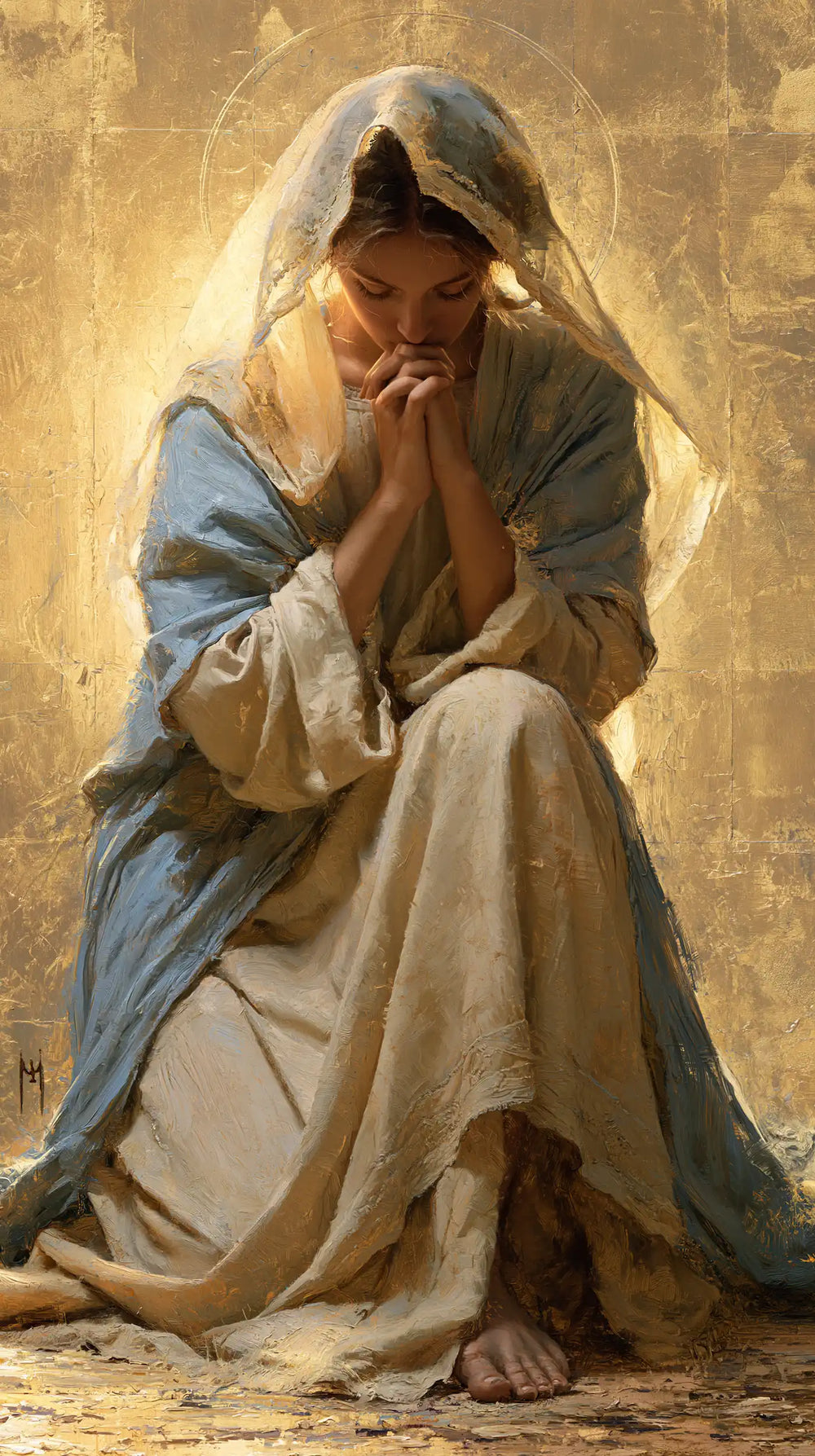 the Virgin Mary in prayer in Sacred Gold style, portrait Christian artwork no. 17
