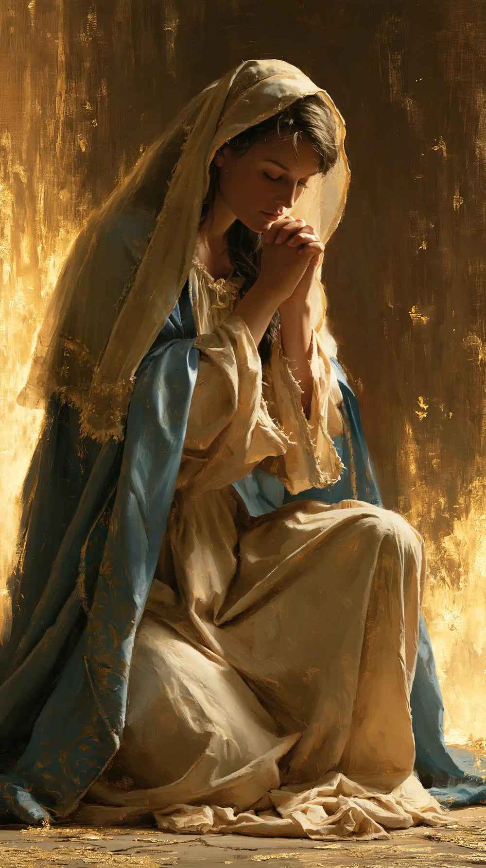 the Virgin Mary in prayer in Sacred Gold style, portrait Christian artwork no. 25