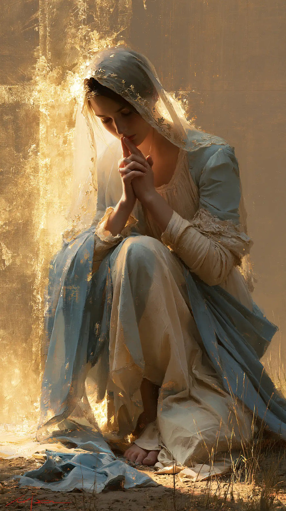 the Virgin Mary in prayer in Sacred Gold style, portrait Christian artwork no. 27