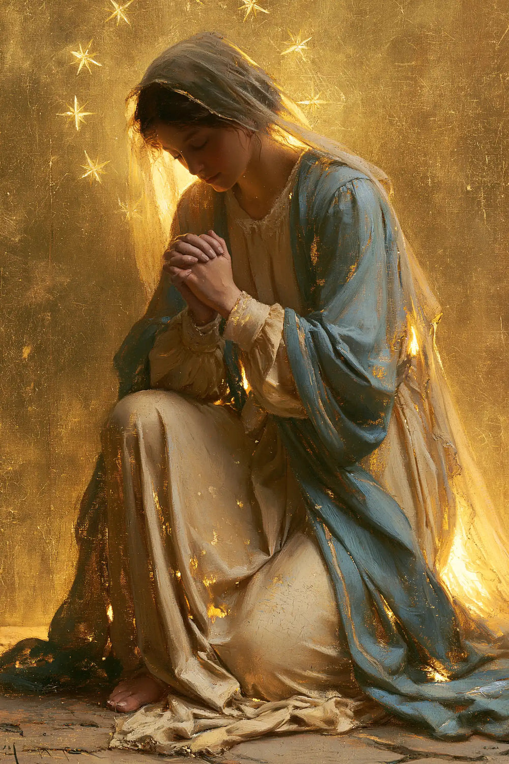the Virgin Mary in prayer in Sacred Gold style, portrait Christian artwork no. 31