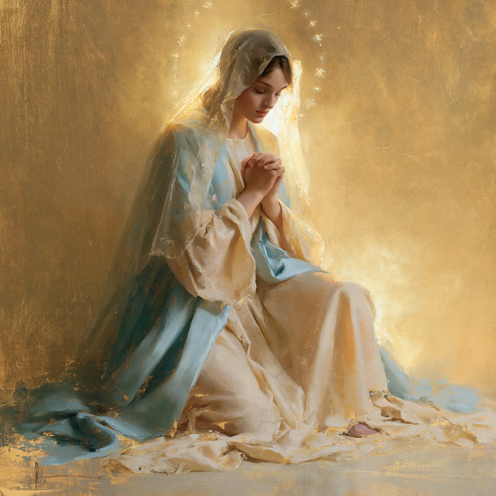 Virgin Mary in Prayer — The Veil in Misty Gold