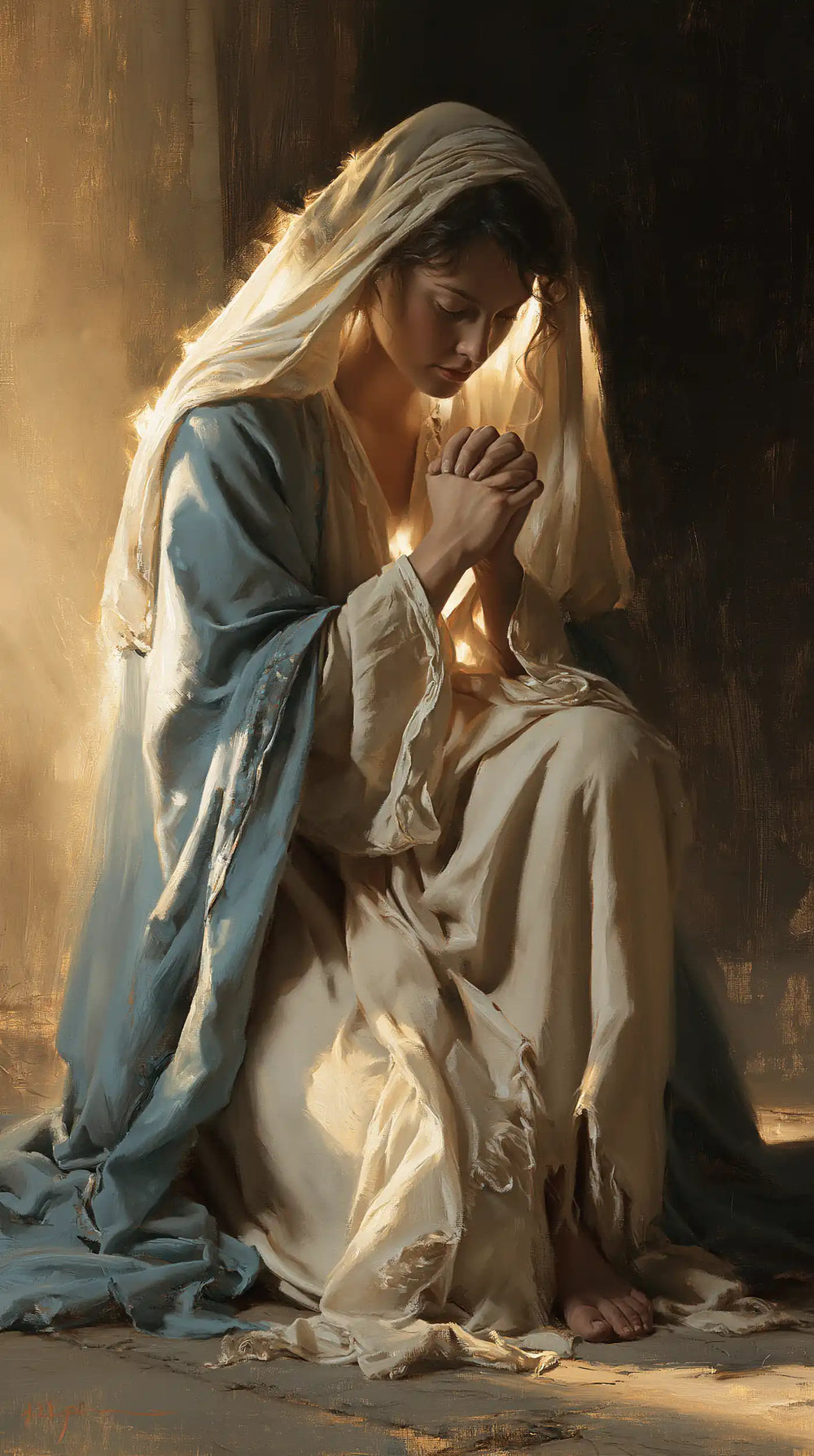 the Virgin Mary absorbed in prayer in Sacred Maternal Tenderness style, portrait Christian artwork no. 2