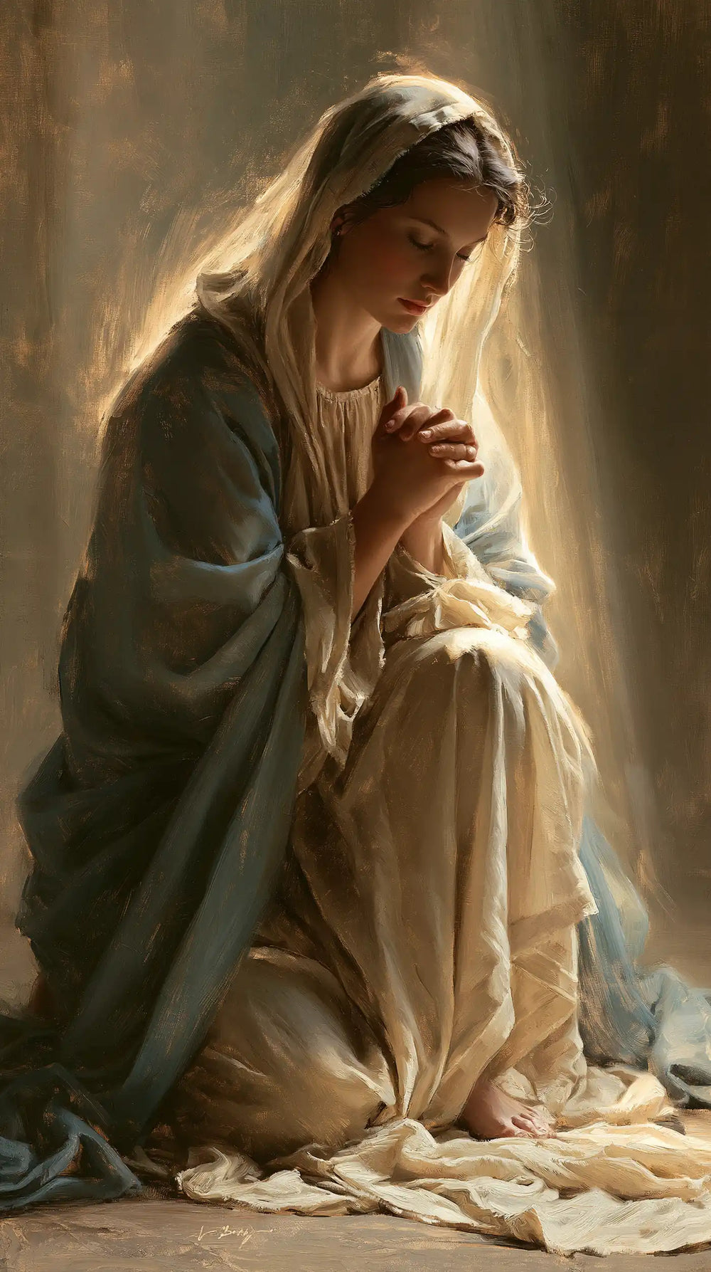 the Virgin Mary absorbed in prayer in Sacred Maternal Tenderness style, portrait Christian artwork no. 8
