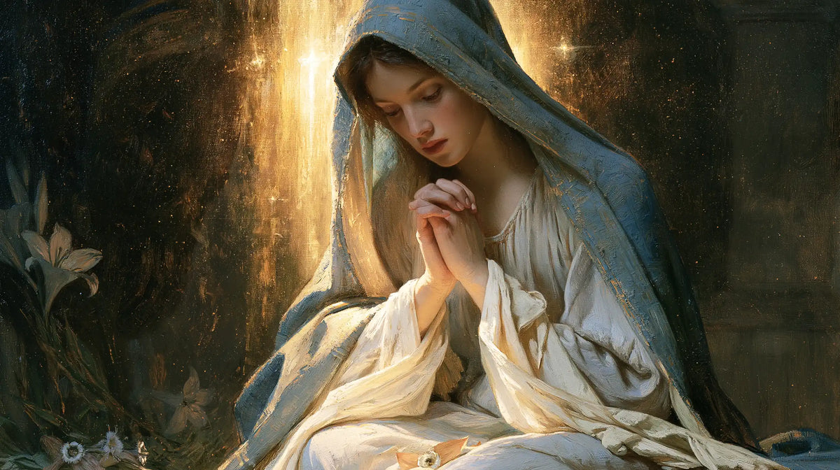 the Virgin Mary in prayer in Symbolist style, landscape Christian artwork no. 13