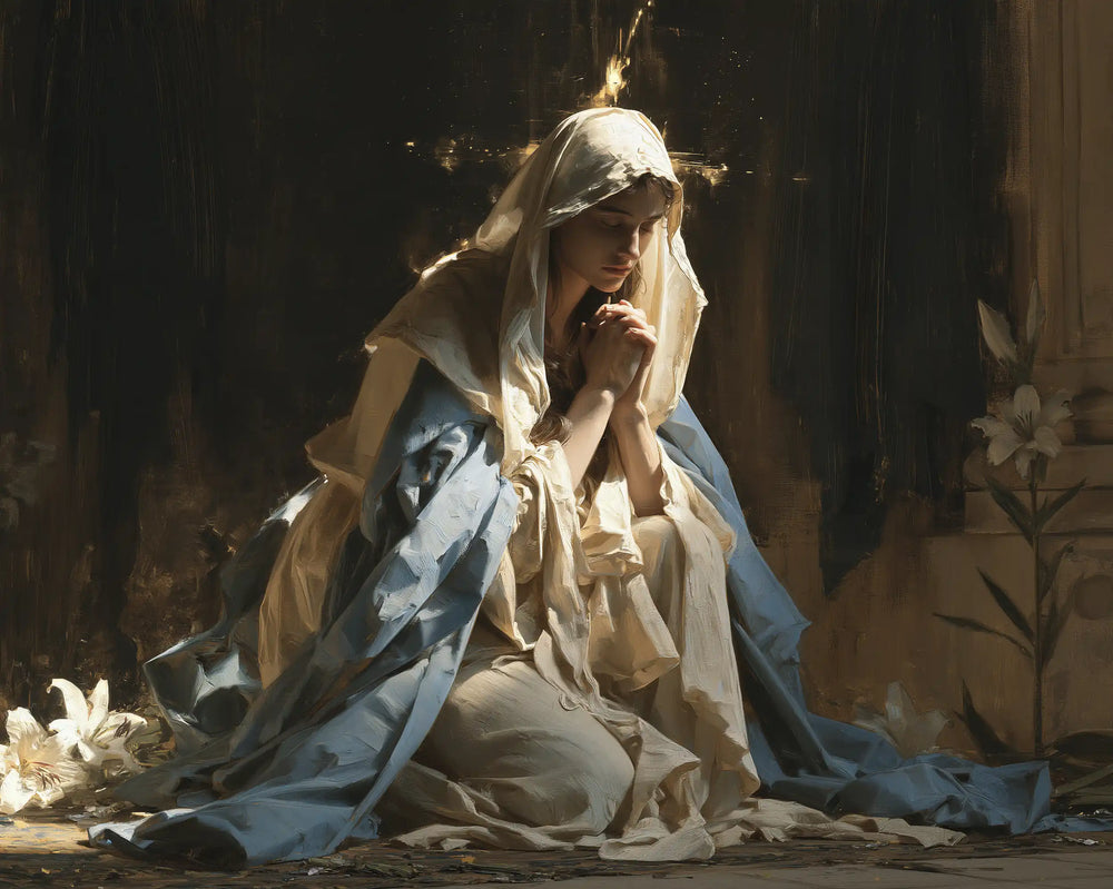 the Virgin Mary in prayer in Symbolist style, landscape Christian artwork no. 21
