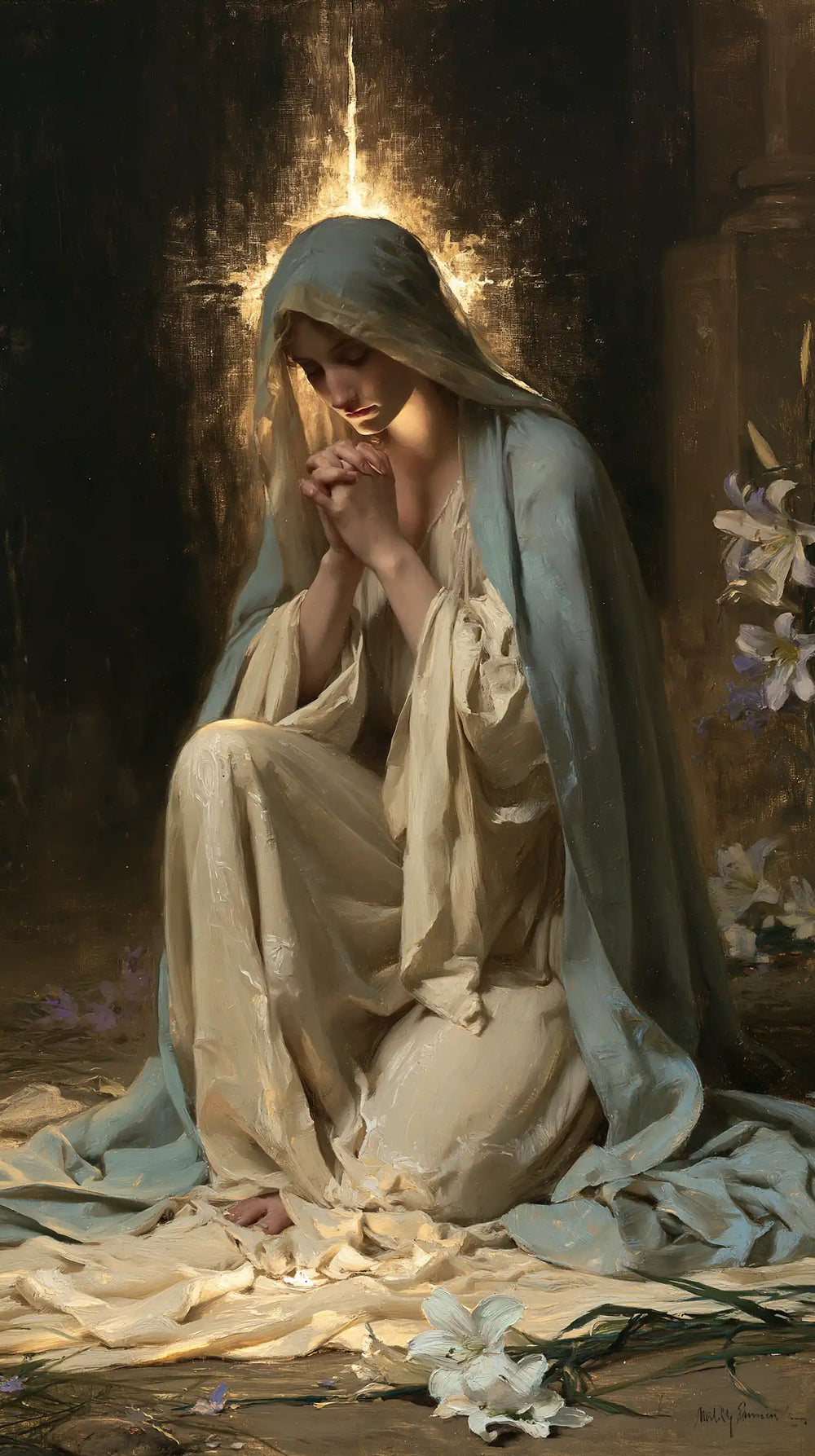 the Virgin Mary in prayer in Symbolist style, portrait Christian artwork no. 29