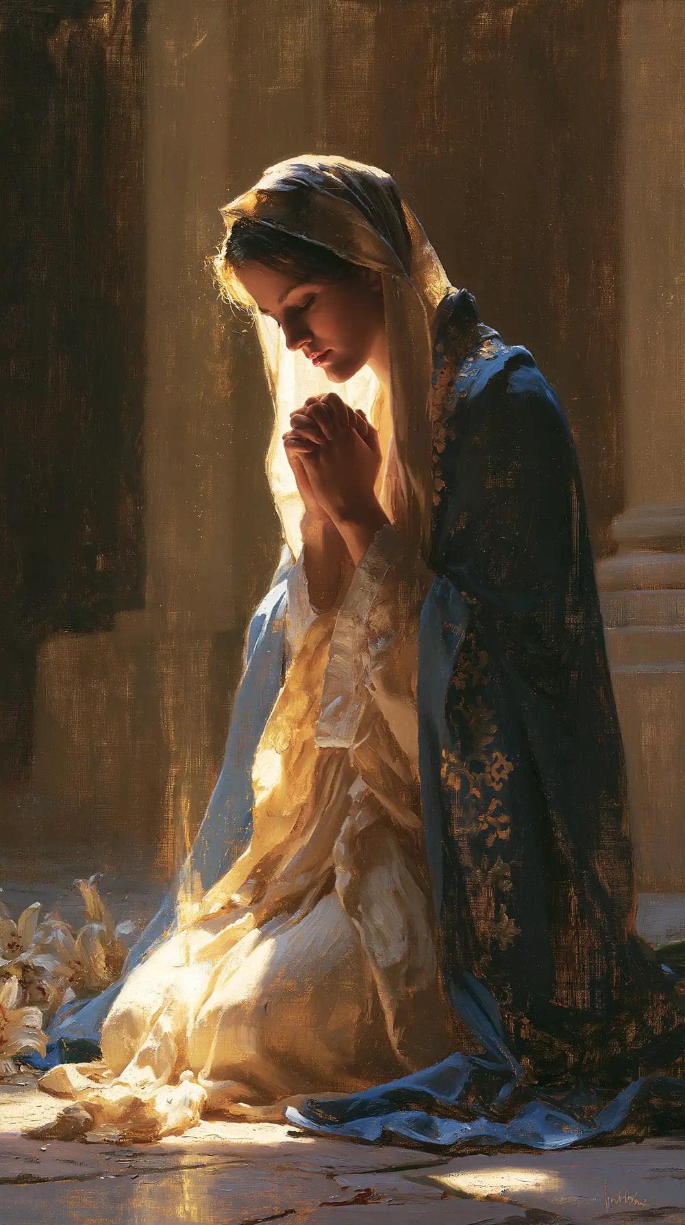 the Virgin Mary in prayer in Symbolist style, portrait Christian artwork no. 33