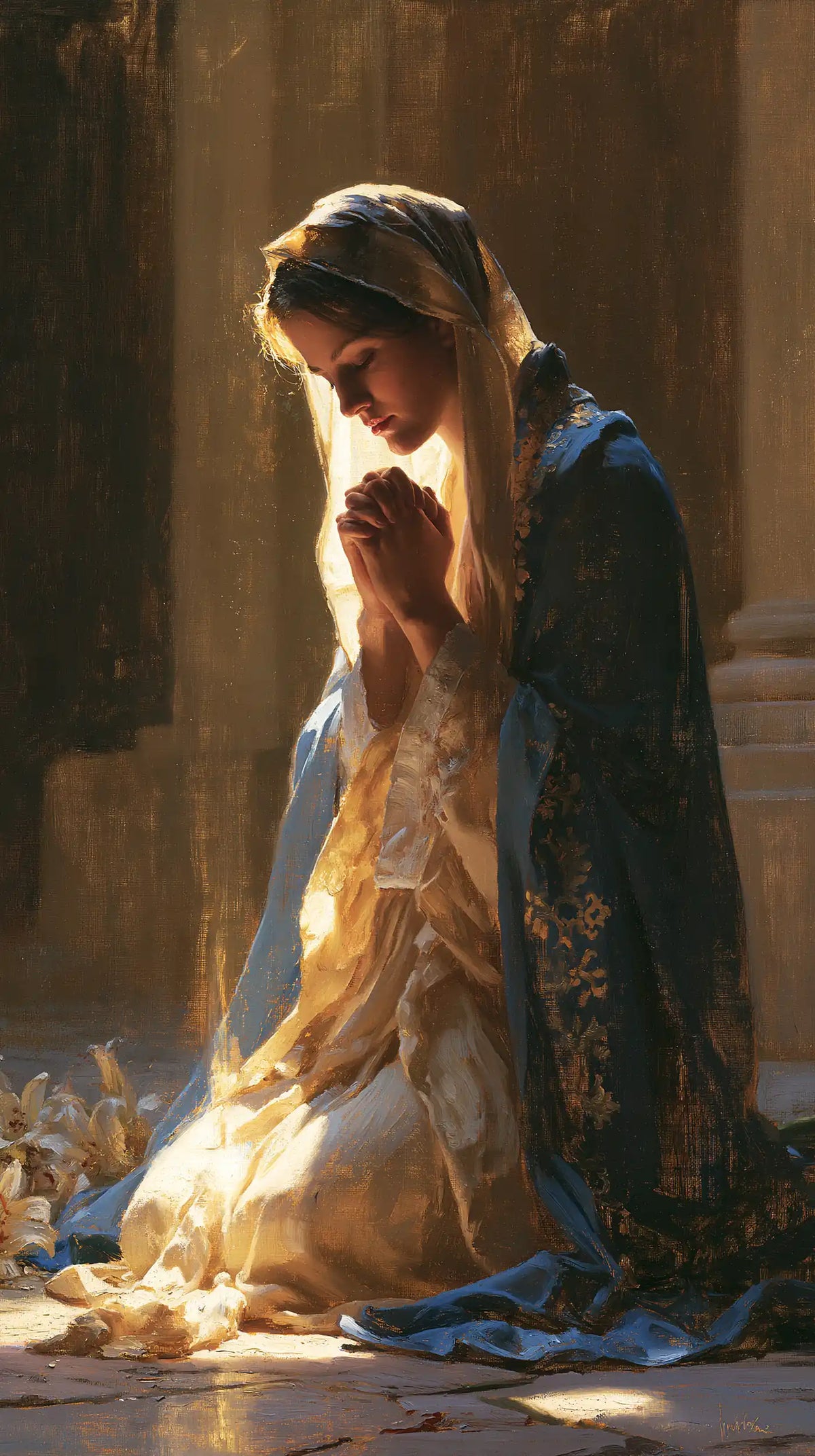 Virgin Mary in Prayer — Gold Gathered in Blue