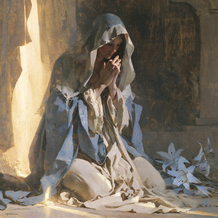 Virgin Mary in Prayer — The Slate-Blue Veil and the Lilies