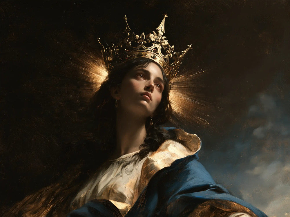 Mary crowned as Queen of Heaven in black and gold in Black and Gold style, landscape Christian artwork no. 4
