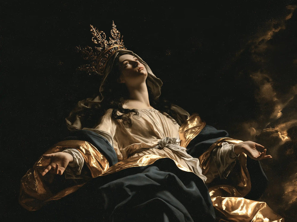 Mary crowned as Queen of Heaven in black and gold in Black and Gold style, landscape Christian artwork no. 7