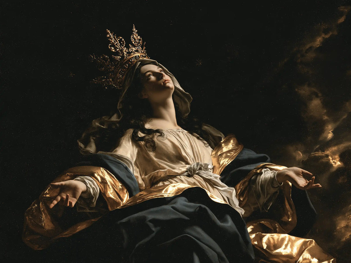 Mary crowned as Queen of Heaven in black and gold in Black and Gold style, landscape Christian artwork no. 7