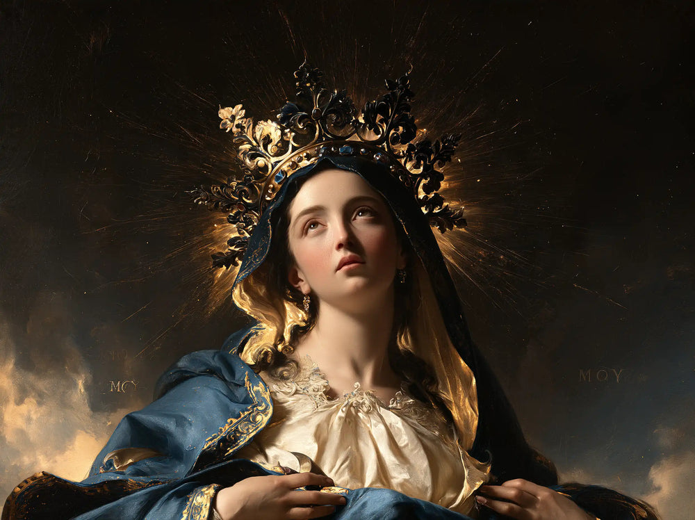 Mary crowned as Queen of Heaven in black and gold in Black and Gold style, landscape Christian artwork no. 8