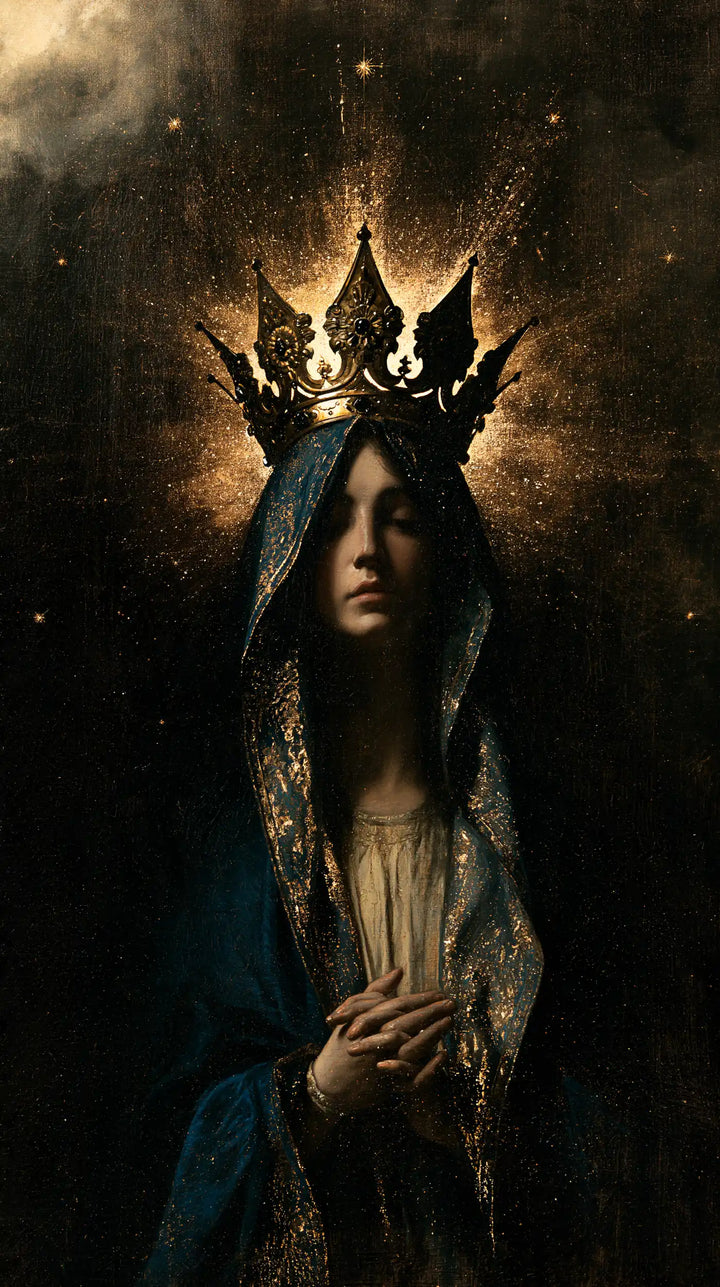 Mary, Queen of Heaven — The Ember Crown in Deep Night