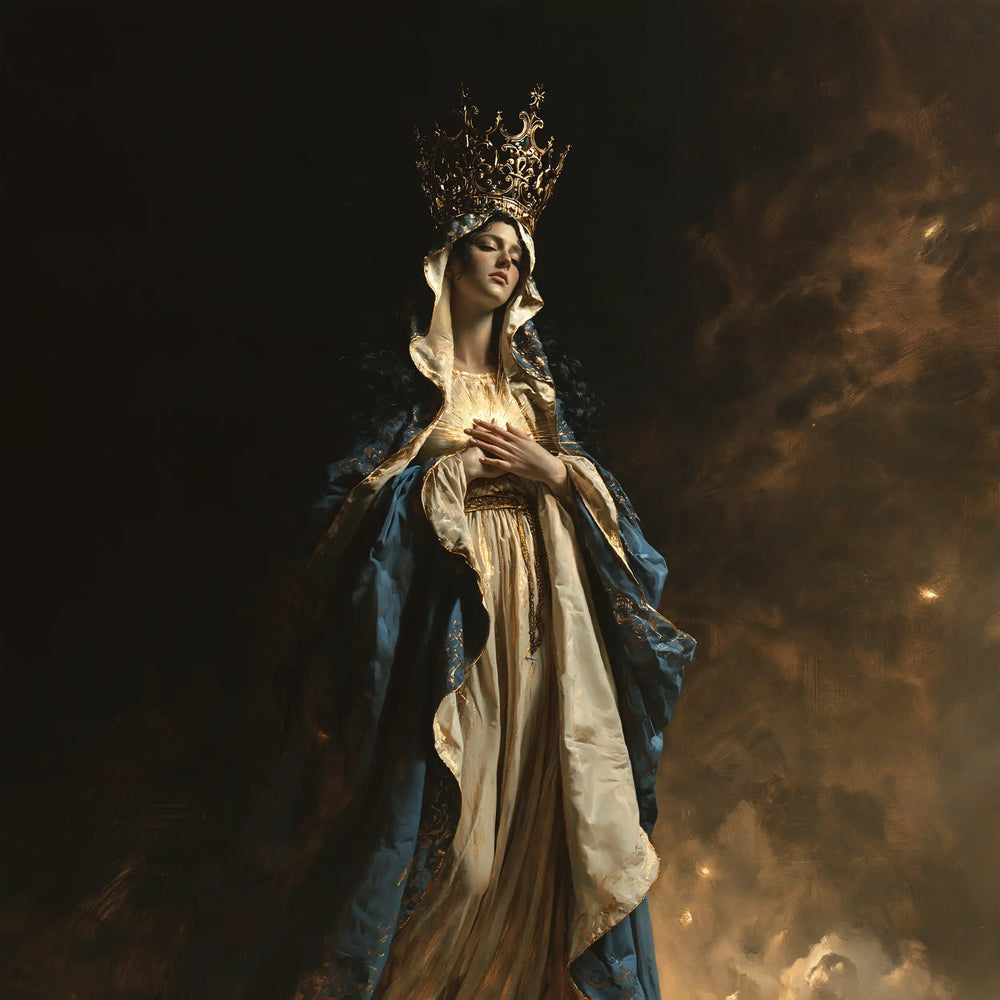 Mary crowned as Queen of Heaven in black and gold in Black and Gold style, square Christian artwork no. 1