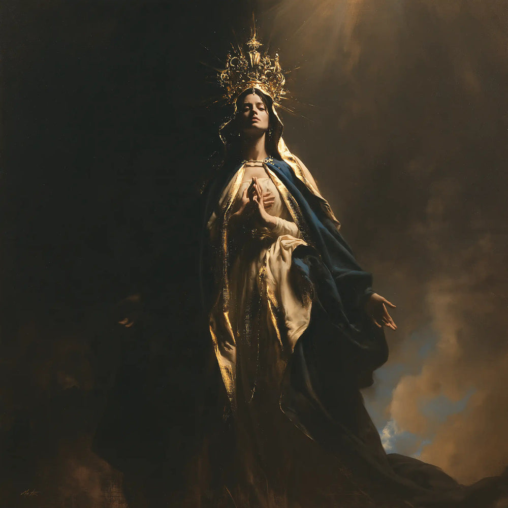 Mary crowned as Queen of Heaven in black and gold in Black and Gold style, square Christian artwork no. 5
