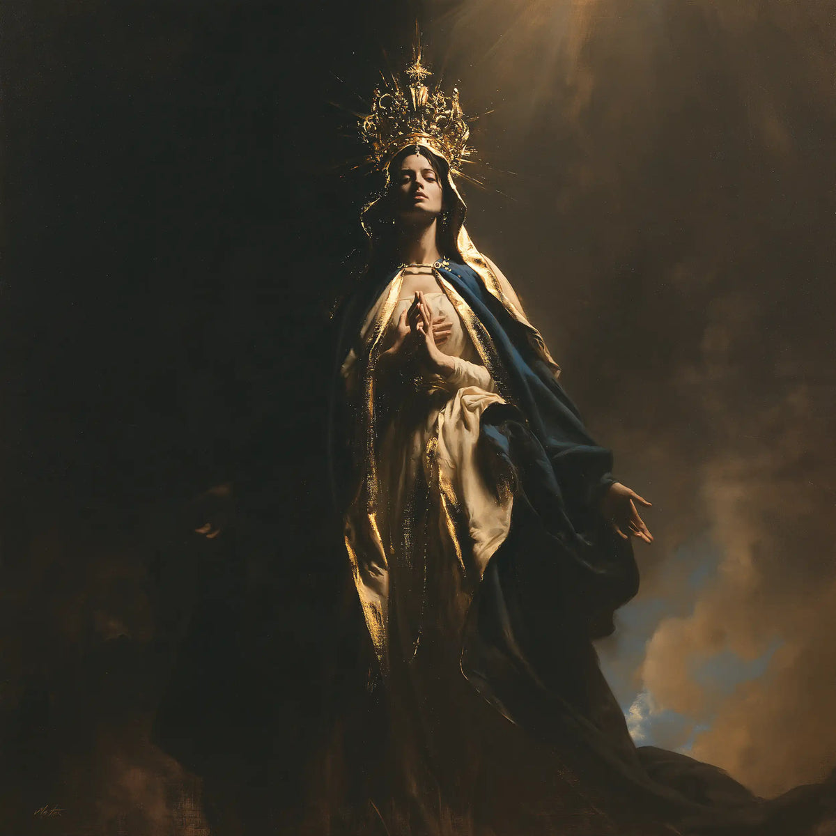 Mary crowned as Queen of Heaven in black and gold in Black and Gold style, square Christian artwork no. 5
